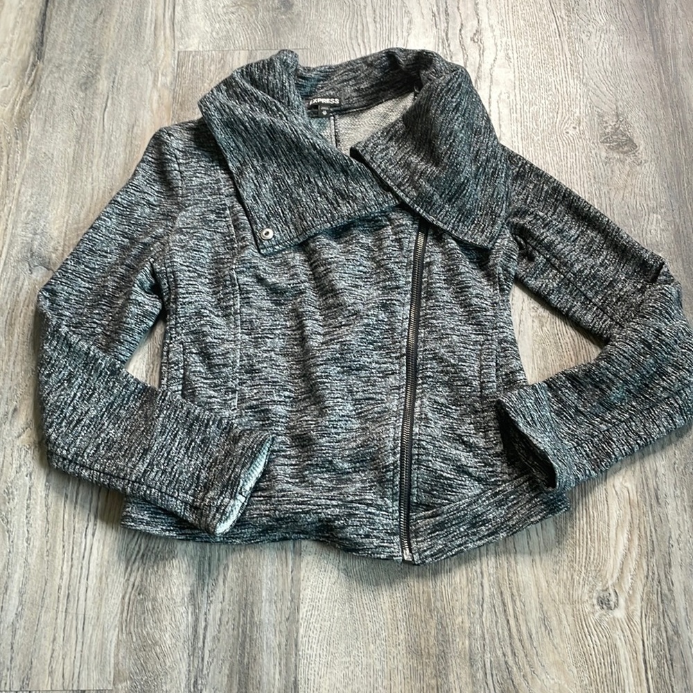 Express Women’s Charcoal Grey Asymmetrical Zip Up Cotton Bomber Jacket, size xs